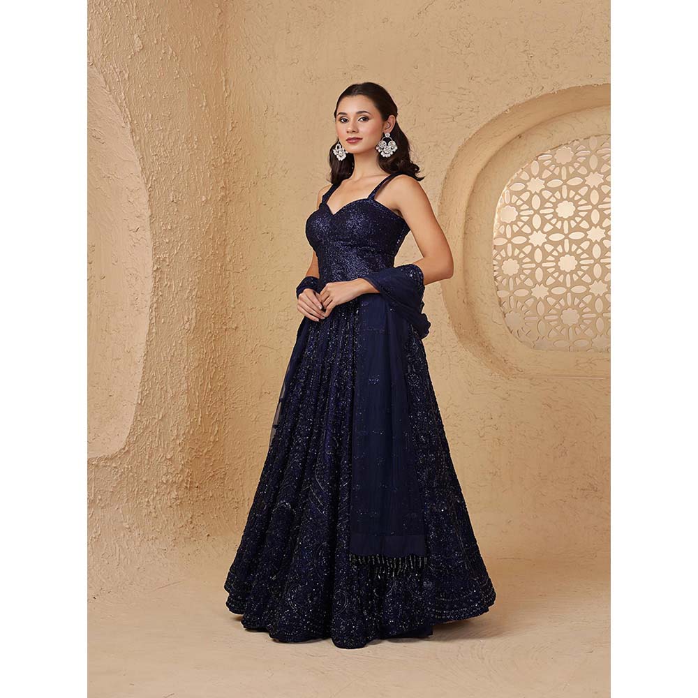 MILU MADAN Dark Blue Net Cutdana & Beadwork Lehenga with Corset & Dupatta