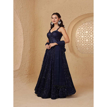 MILU MADAN Dark Blue Net Cutdana & Beadwork Lehenga with Corset & Dupatta