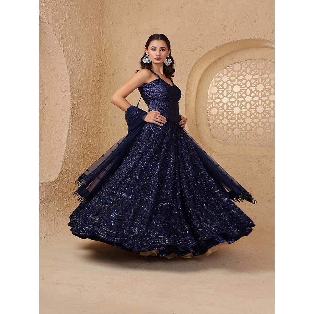 MILU MADAN Dark Blue Net Cutdana & Beadwork Lehenga with Corset & Dupatta