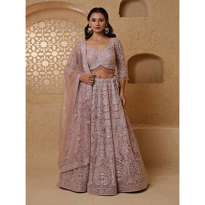 MILU MADAN Dull Pink Net Embroidery Lehenga with Blouse & Dupatta