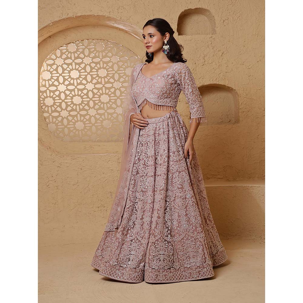 MILU MADAN Dull Pink Net Embroidery Lehenga with Blouse & Dupatta
