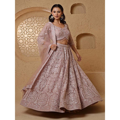 MILU MADAN Dull Pink Net Embroidery Lehenga with Blouse & Dupatta