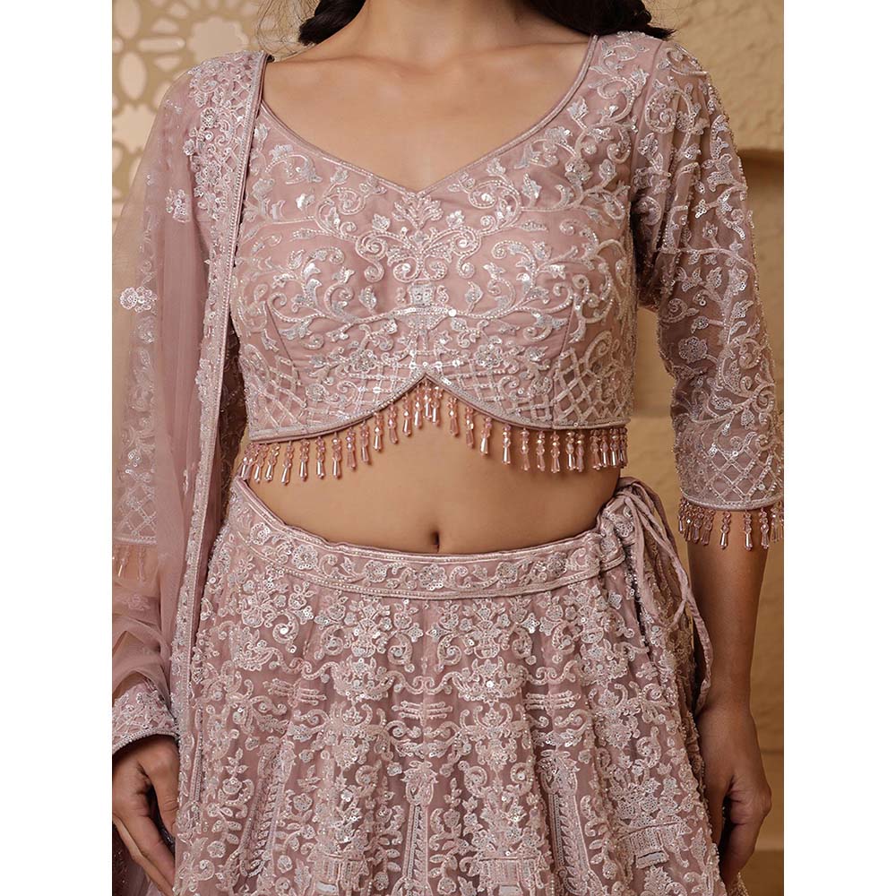 MILU MADAN Dull Pink Net Embroidery Lehenga with Blouse & Dupatta