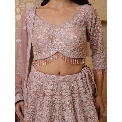 MILU MADAN Dull Pink Net Embroidery Lehenga with Blouse & Dupatta