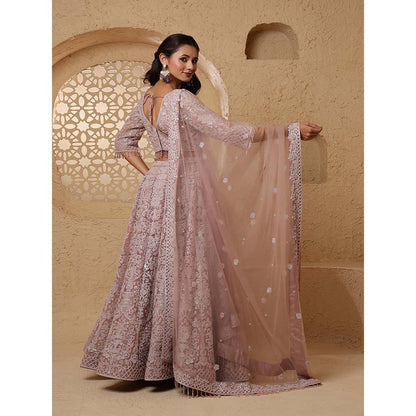 MILU MADAN Dull Pink Net Embroidery Lehenga with Blouse & Dupatta