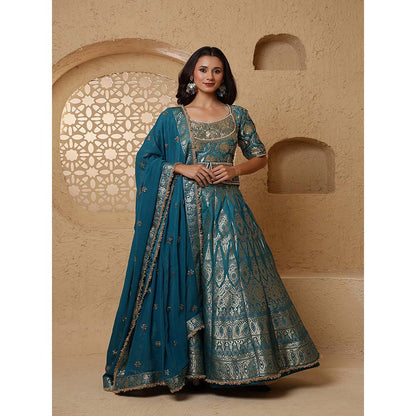 MILU MADAN Persian Turquoise Silk Brocade Lehenga with Blouse & Dupatta