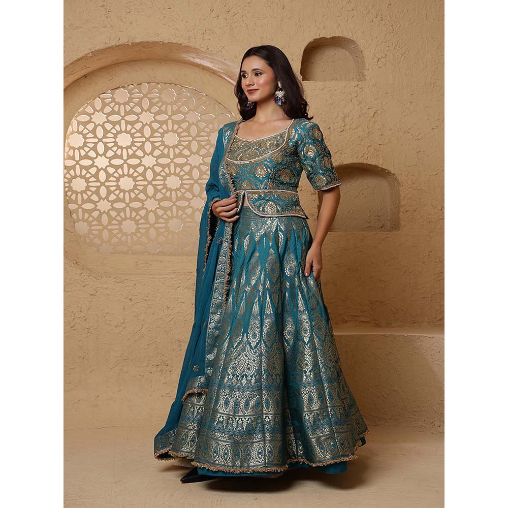 MILU MADAN Persian Turquoise Silk Brocade Lehenga with Blouse & Dupatta