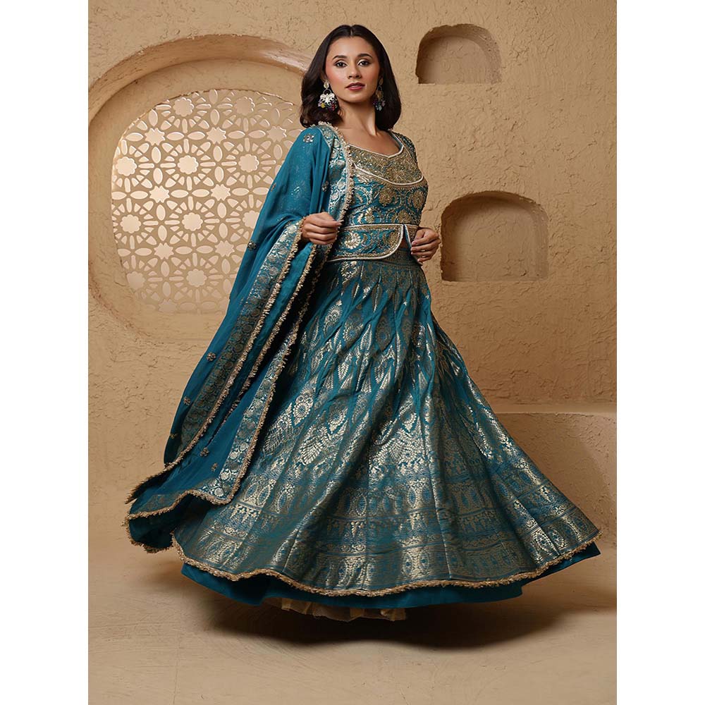 MILU MADAN Persian Turquoise Silk Brocade Lehenga with Blouse & Dupatta