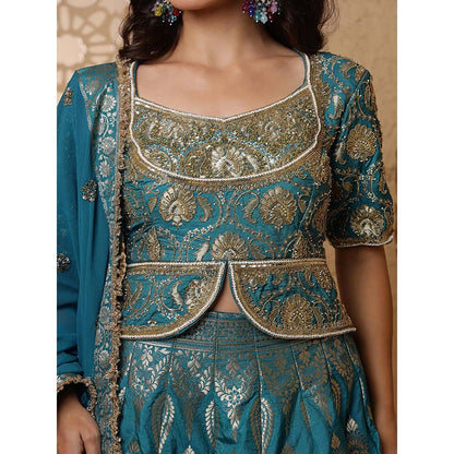 MILU MADAN Persian Turquoise Silk Brocade Lehenga with Blouse & Dupatta