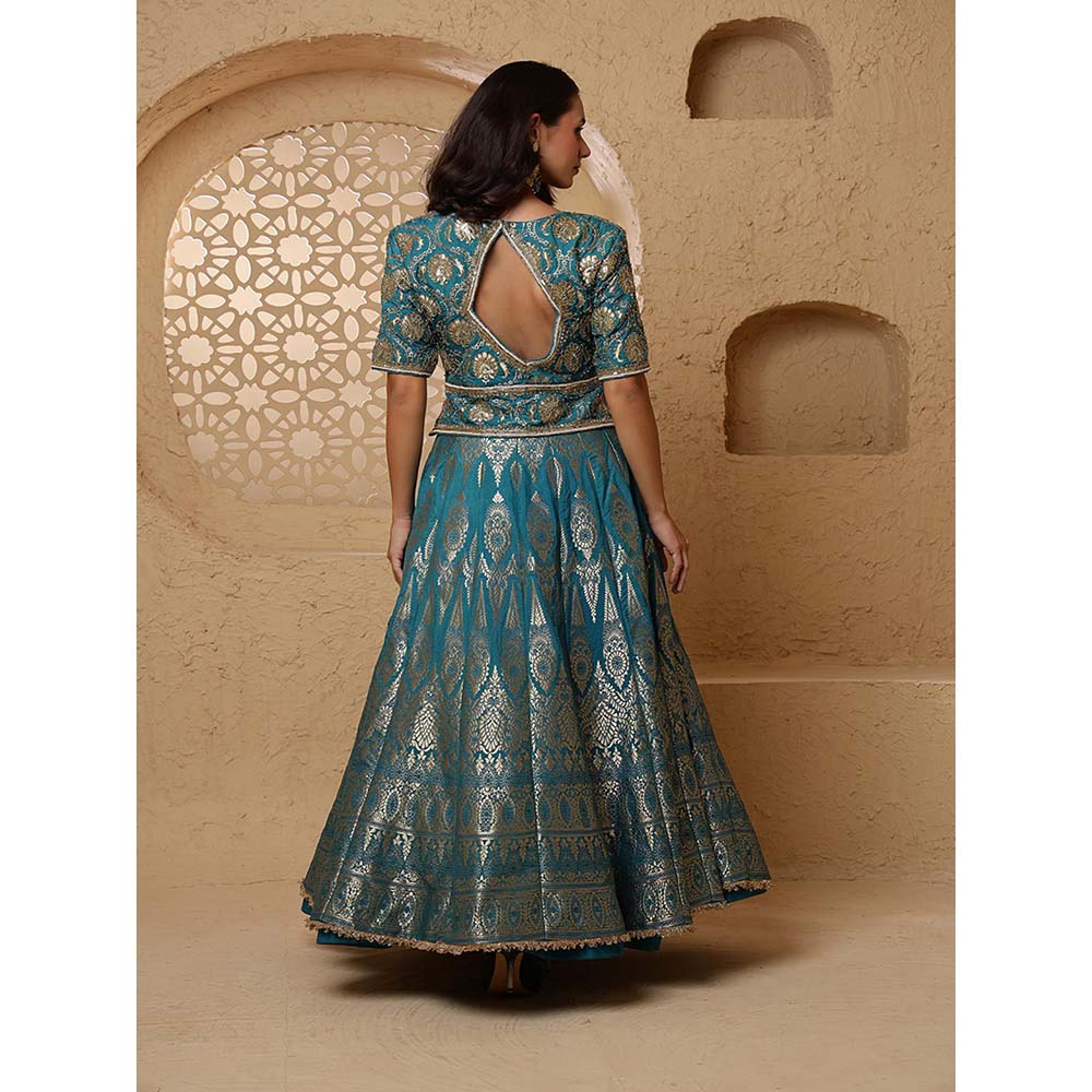 MILU MADAN Persian Turquoise Silk Brocade Lehenga with Blouse & Dupatta