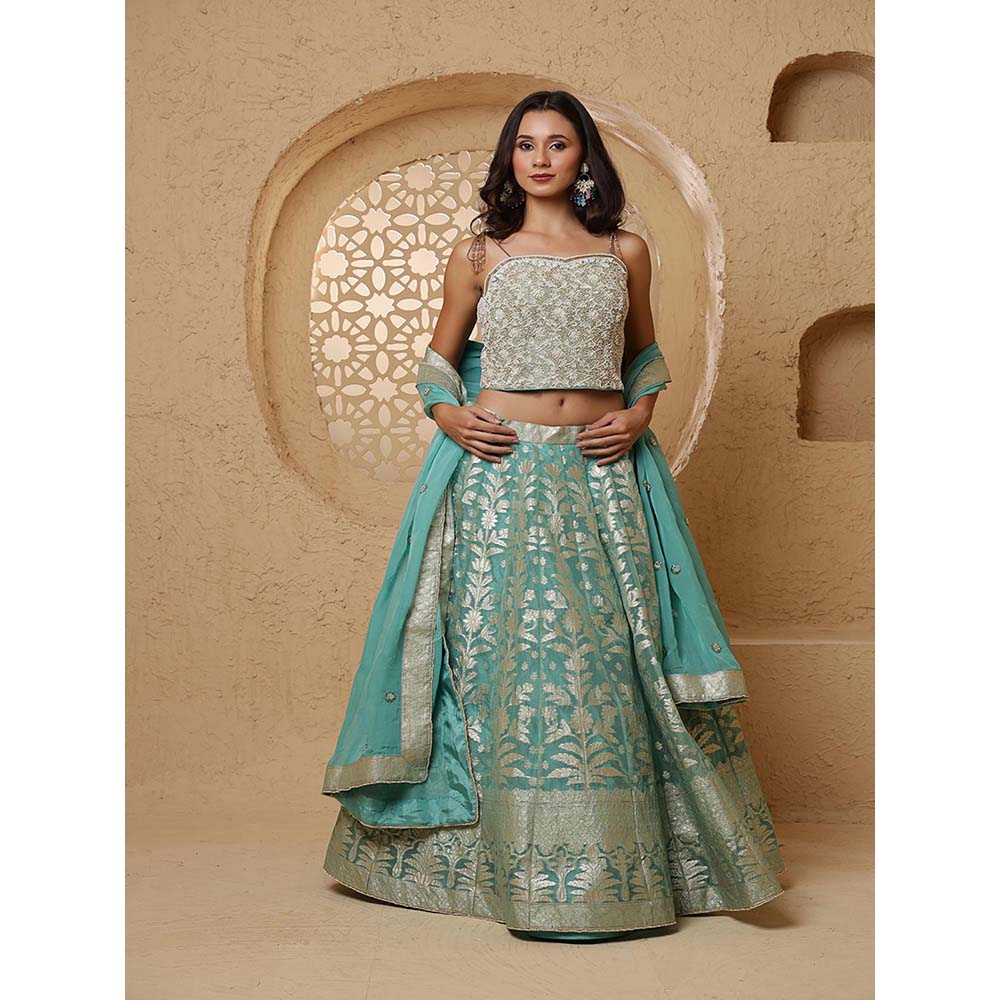 MILU MADAN Teal Organza Brocade Lehenga with Blouse & Dupatta