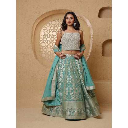 MILU MADAN Teal Organza Brocade Lehenga with Blouse & Dupatta