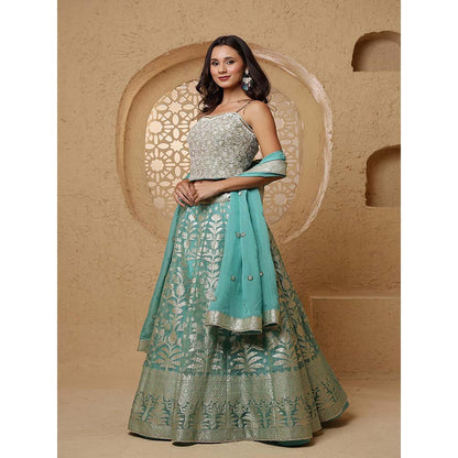 MILU MADAN Teal Organza Brocade Lehenga with Blouse & Dupatta