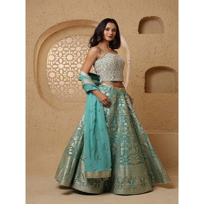 MILU MADAN Teal Organza Brocade Lehenga with Blouse & Dupatta