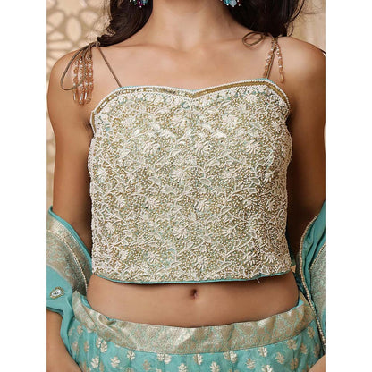 MILU MADAN Teal Organza Brocade Lehenga with Blouse & Dupatta