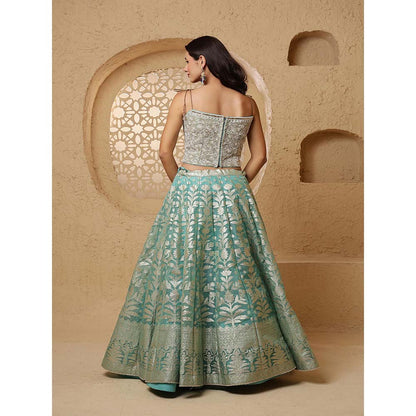 MILU MADAN Teal Organza Brocade Lehenga with Blouse & Dupatta