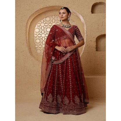 MILU MADAN Dark Maroon Viscose Silk Heavy Lehenga with Blouse & Dupatta