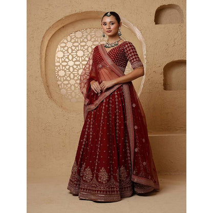 MILU MADAN Dark Maroon Viscose Silk Heavy Lehenga with Blouse & Dupatta