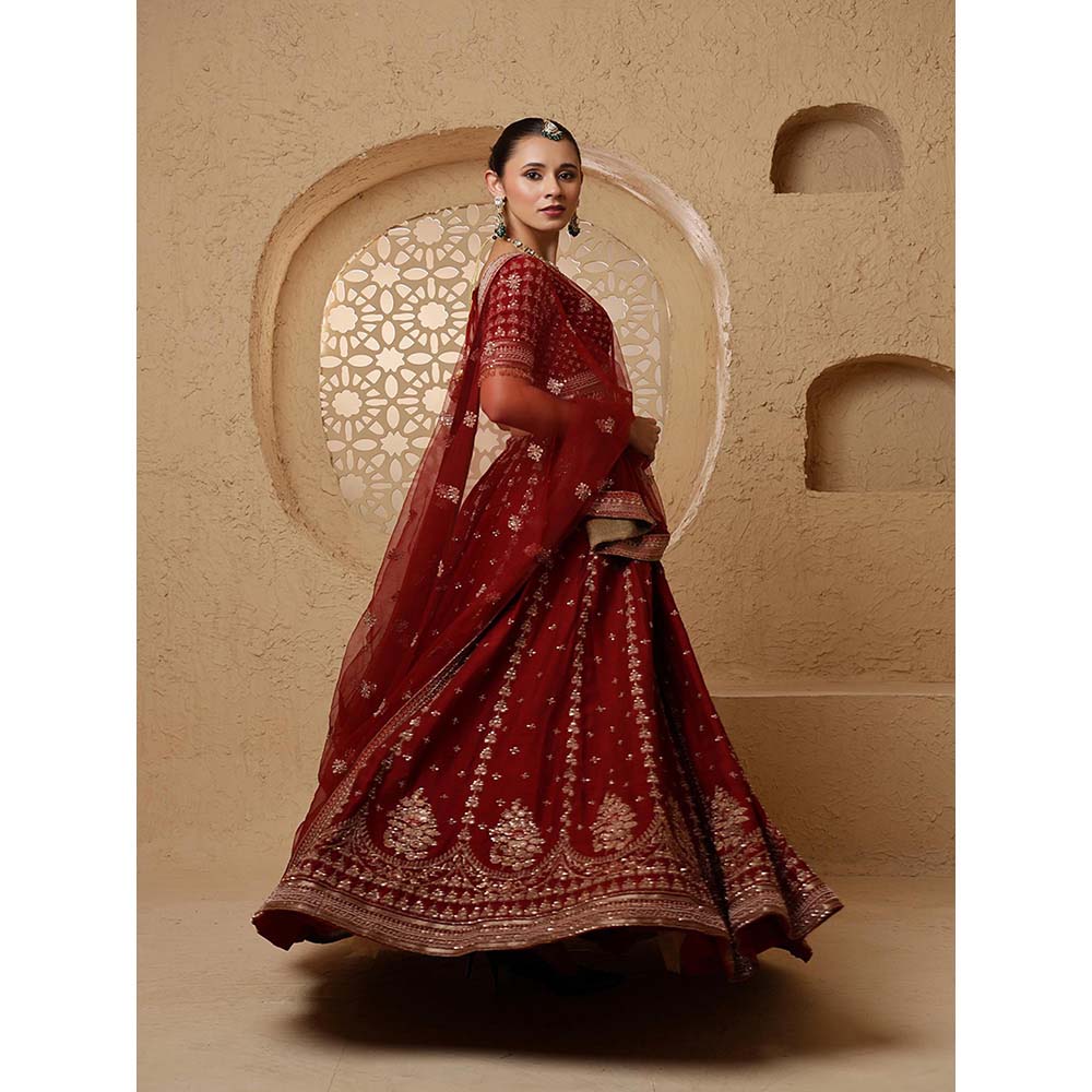 MILU MADAN Dark Maroon Viscose Silk Heavy Lehenga with Blouse & Dupatta