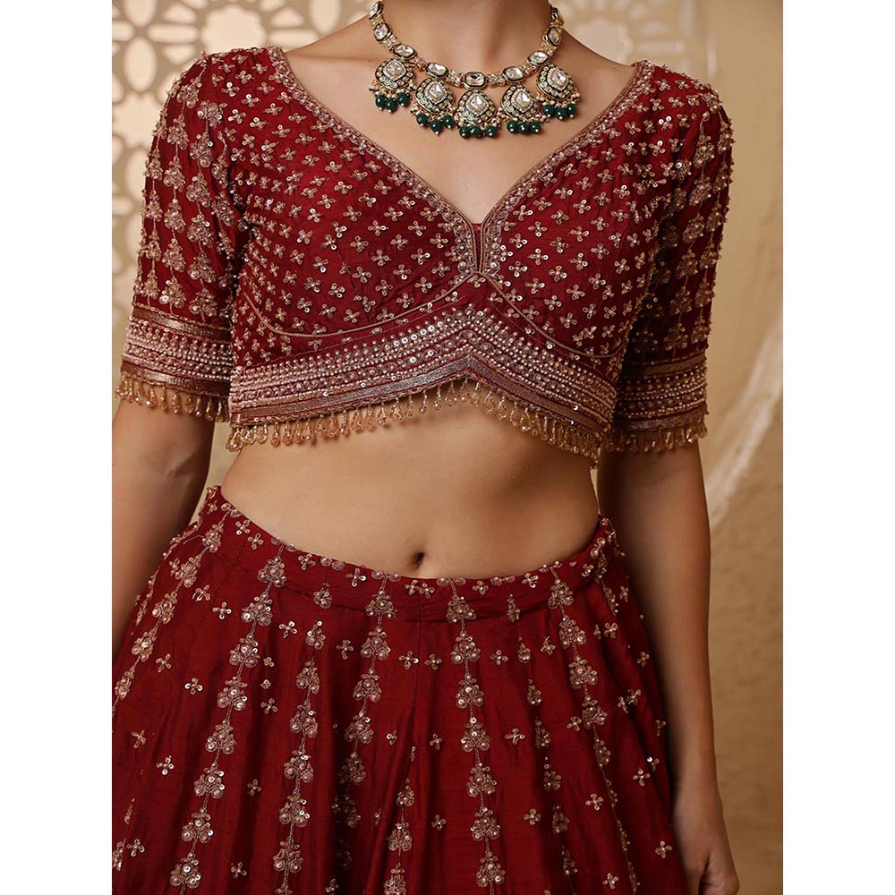MILU MADAN Dark Maroon Viscose Silk Heavy Lehenga with Blouse & Dupatta