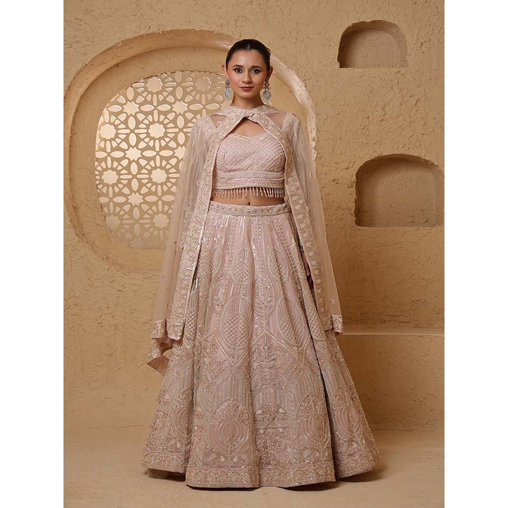 MILU MADAN Baby Pink Net Sequins & Beadwork Lehenga with Blouse & Dupatta