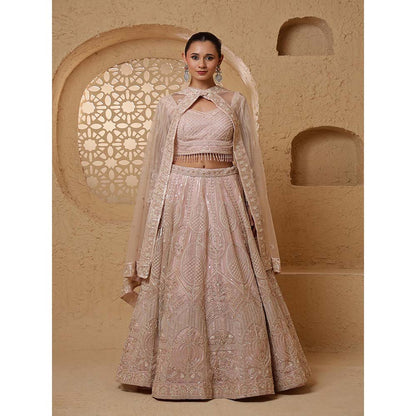 MILU MADAN Baby Pink Net Sequins & Beadwork Lehenga with Blouse & Dupatta