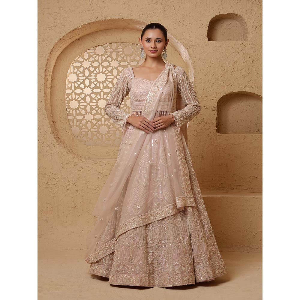 MILU MADAN Baby Pink Net Sequins & Beadwork Lehenga with Blouse & Dupatta