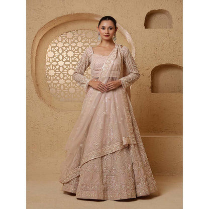 MILU MADAN Baby Pink Net Sequins & Beadwork Lehenga with Blouse & Dupatta