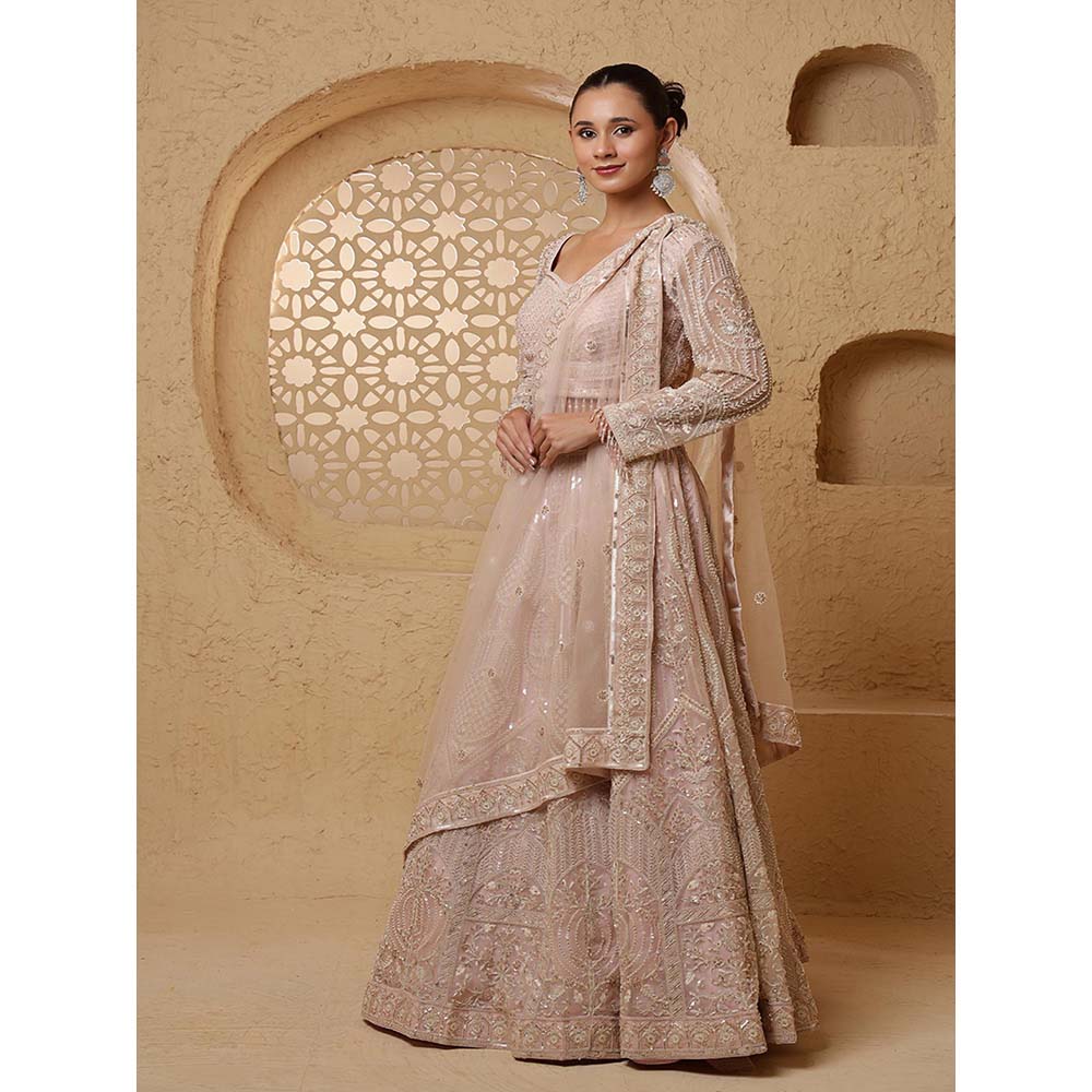 MILU MADAN Baby Pink Net Sequins & Beadwork Lehenga with Blouse & Dupatta