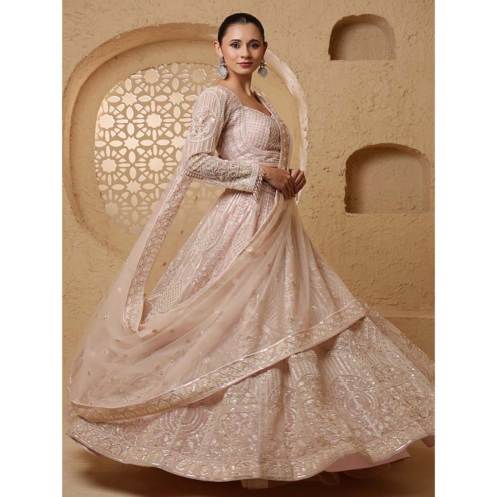 MILU MADAN Baby Pink Net Sequins & Beadwork Lehenga with Blouse & Dupatta