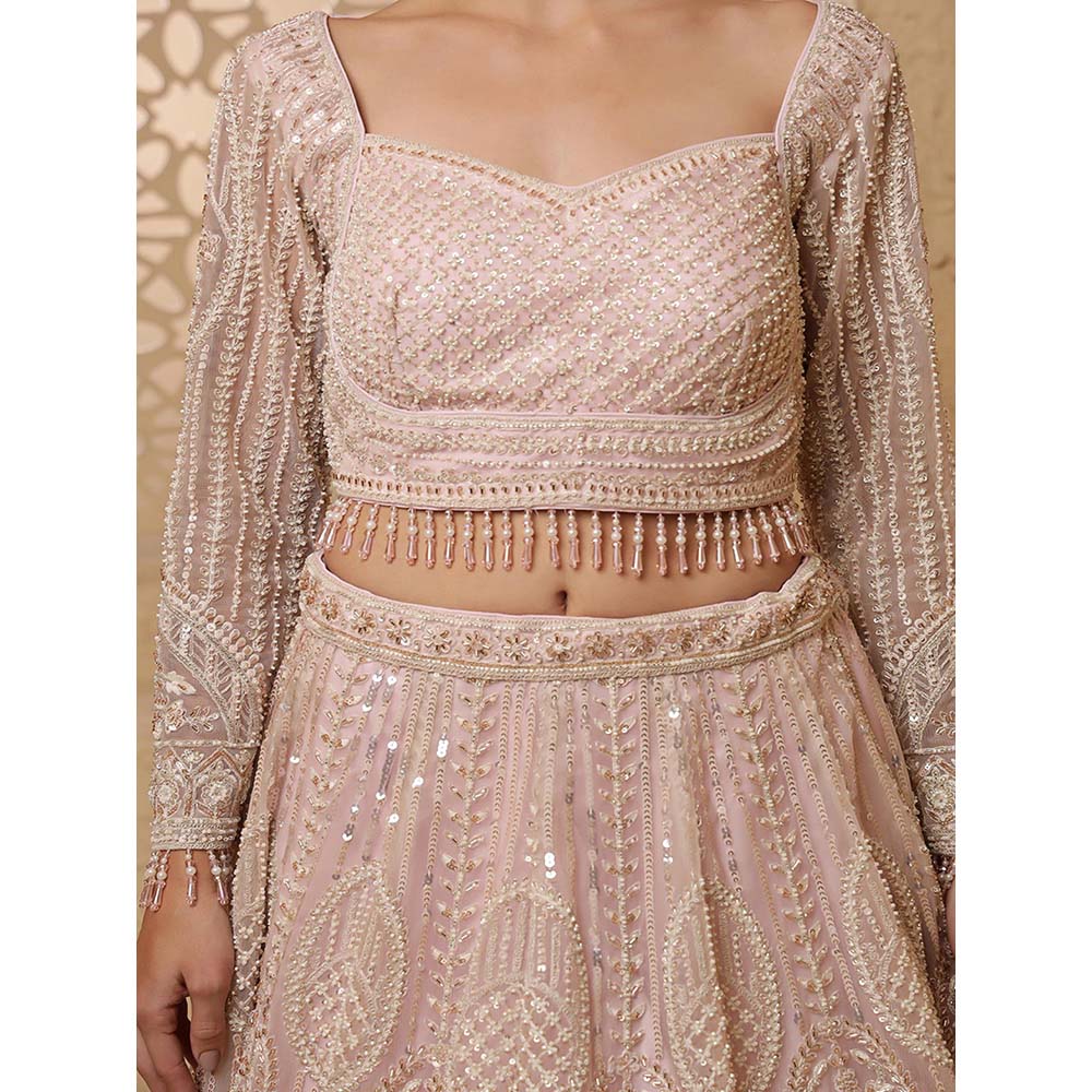 MILU MADAN Baby Pink Net Sequins & Beadwork Lehenga with Blouse & Dupatta