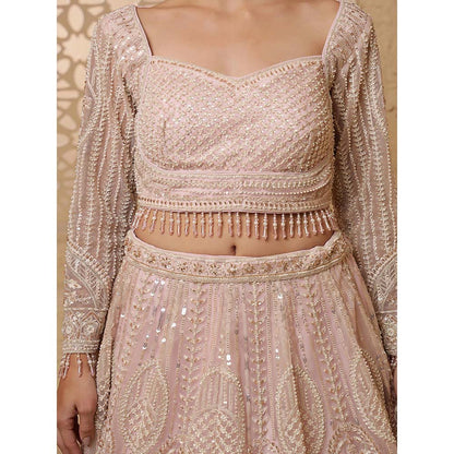 MILU MADAN Baby Pink Net Sequins & Beadwork Lehenga with Blouse & Dupatta