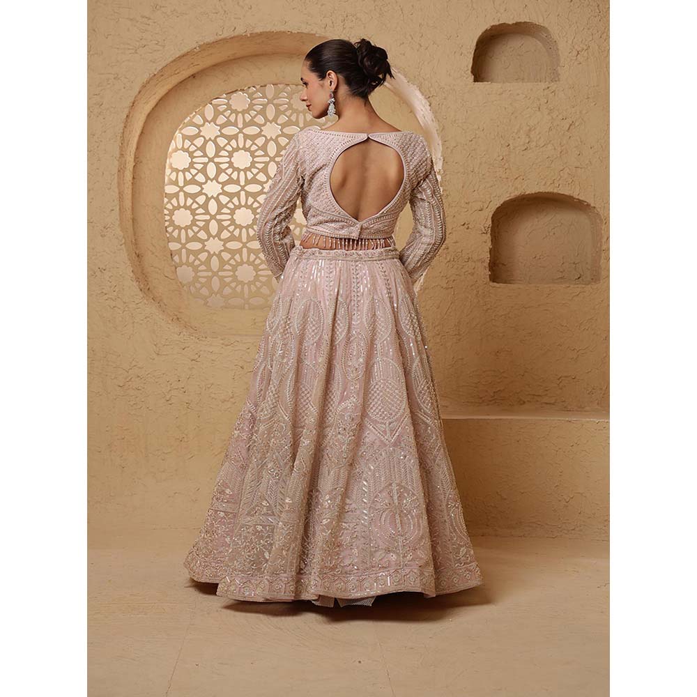 MILU MADAN Baby Pink Net Sequins & Beadwork Lehenga with Blouse & Dupatta