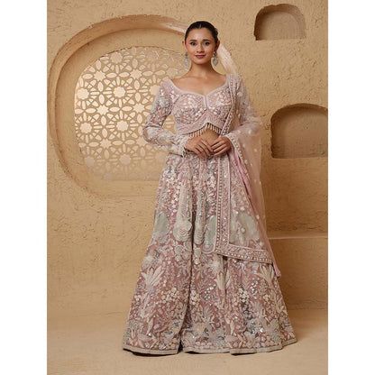 MILU MADAN Dull Pink Net Heavy Sequins Lehenga with Blouse & Dupatta