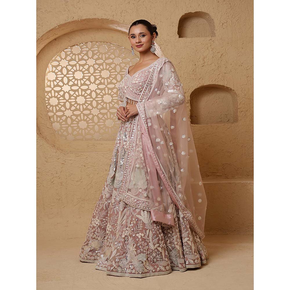 MILU MADAN Dull Pink Net Heavy Sequins Lehenga with Blouse & Dupatta