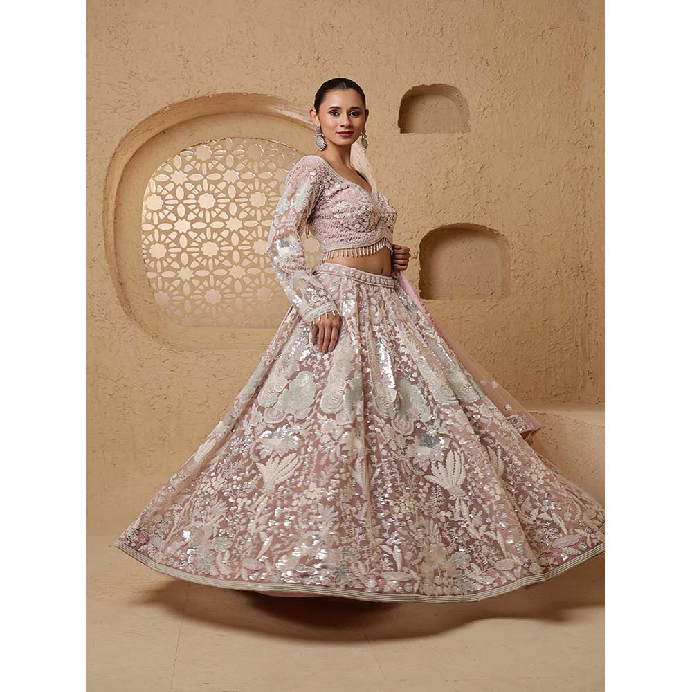 MILU MADAN Dull Pink Net Heavy Sequins Lehenga with Blouse & Dupatta