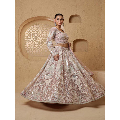 MILU MADAN Dull Pink Net Heavy Sequins Lehenga with Blouse & Dupatta