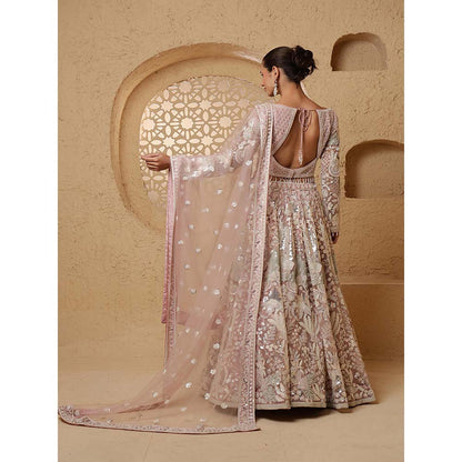 MILU MADAN Dull Pink Net Heavy Sequins Lehenga with Blouse & Dupatta