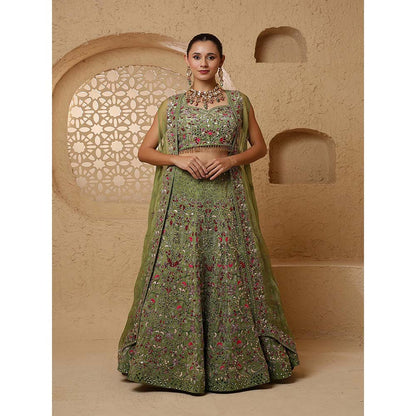 MILU MADAN Leaf Green Mirror Work Lehenga with Blouse & Dupatta