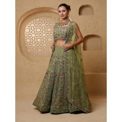 MILU MADAN Leaf Green Mirror Work Lehenga with Blouse & Dupatta