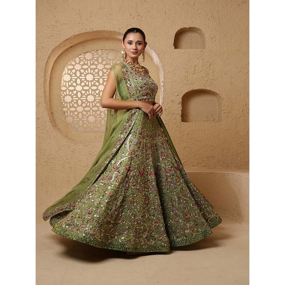 MILU MADAN Leaf Green Mirror Work Lehenga with Blouse & Dupatta