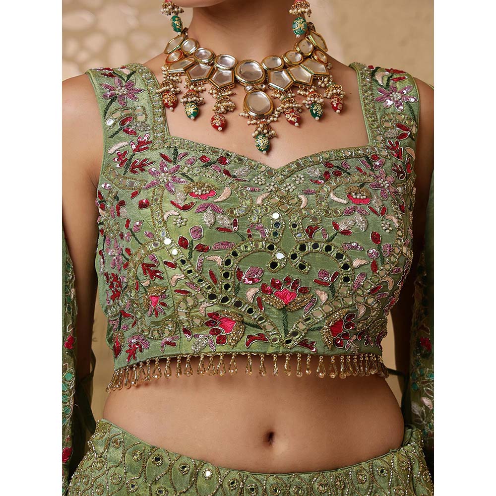 MILU MADAN Leaf Green Mirror Work Lehenga with Blouse & Dupatta