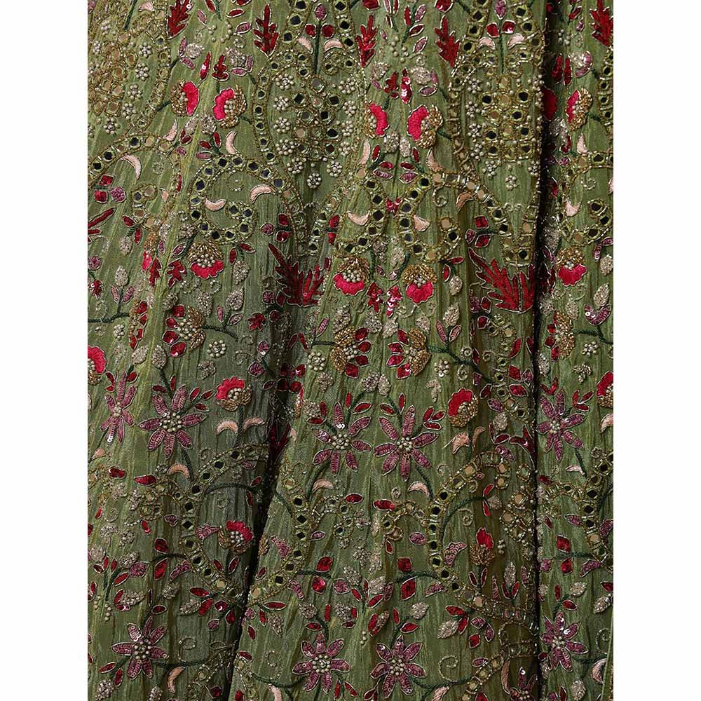MILU MADAN Leaf Green Mirror Work Lehenga with Blouse & Dupatta