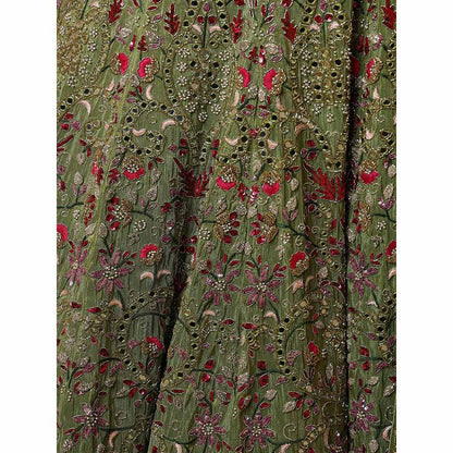 MILU MADAN Leaf Green Mirror Work Lehenga with Blouse & Dupatta