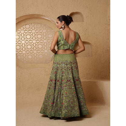 MILU MADAN Leaf Green Mirror Work Lehenga with Blouse & Dupatta