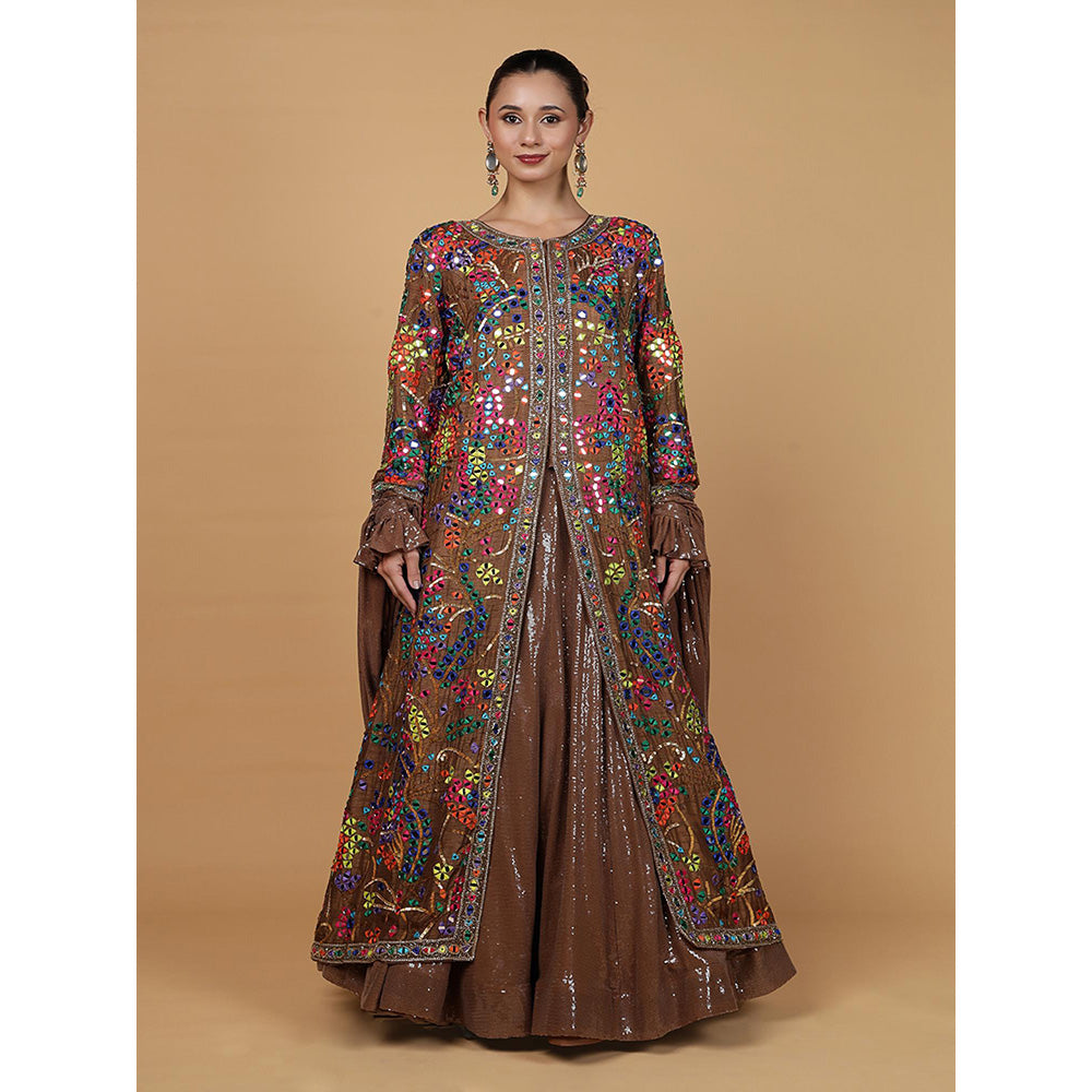 MILU MADAN Mocha Brown Viscose Silk Mirrorwork Jacket with Lehenga & Dupatta