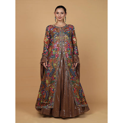 MILU MADAN Mocha Brown Viscose Silk Mirrorwork Jacket with Lehenga & Dupatta