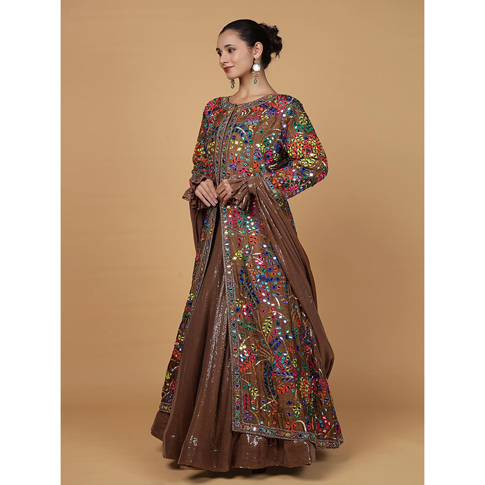 MILU MADAN Mocha Brown Viscose Silk Mirrorwork Jacket with Lehenga & Dupatta