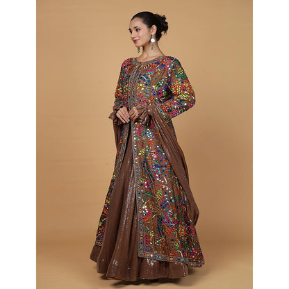 MILU MADAN Mocha Brown Viscose Silk Mirrorwork Jacket with Lehenga & Dupatta