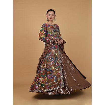 MILU MADAN Mocha Brown Viscose Silk Mirrorwork Jacket with Lehenga & Dupatta